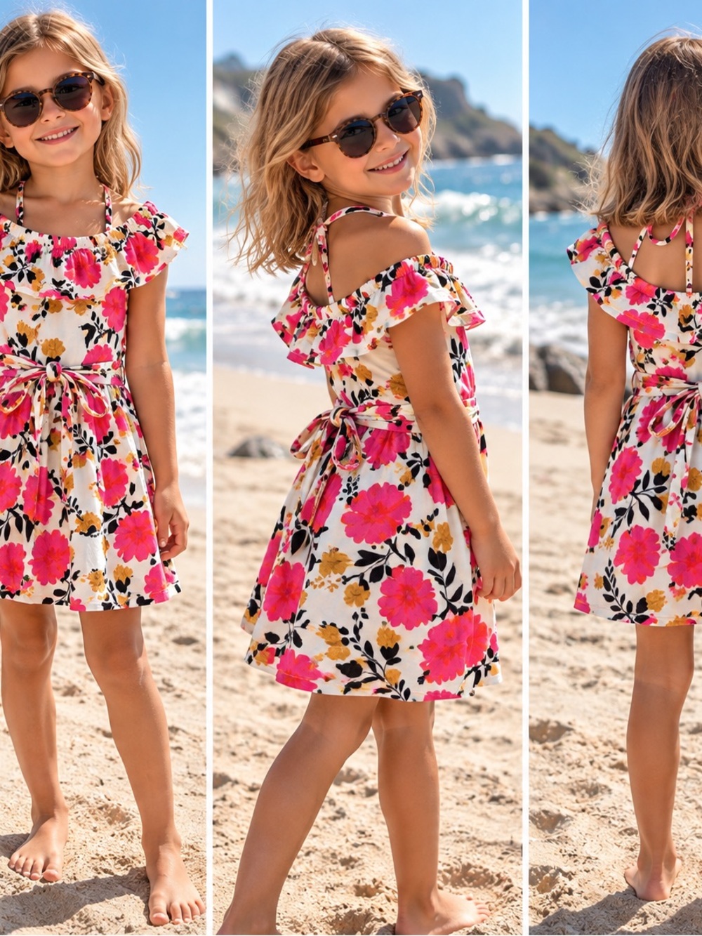 Billabong Girls Floral Off-Shoulder Dress in White, Hot Pink & Gold